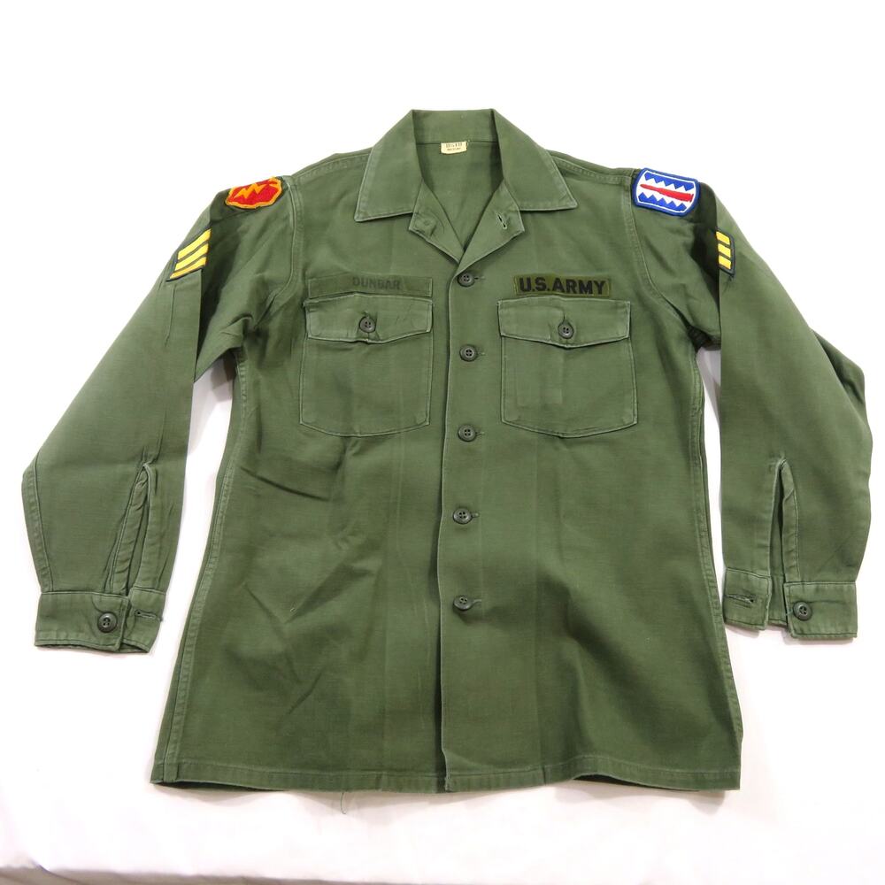 Military Cotton Sateen Shirt Vietnam Era OD Green Army Sz 15.5 x 33 1960s
